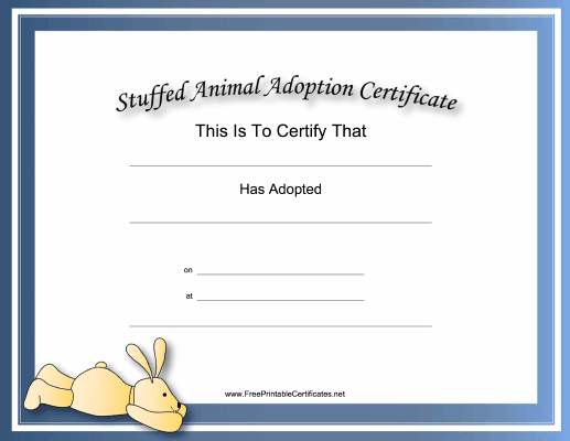 Adoption Certificate Stuffed Animal Bunny Academic