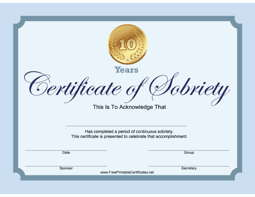 10 Years Sobriety Certificate (Blue)