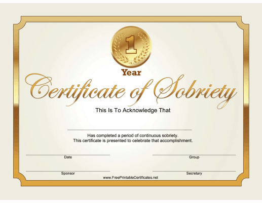 1 Year Sobriety Certificate (Gold)
