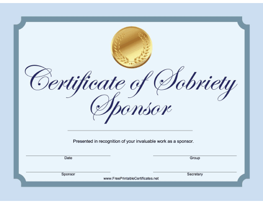 Sobriety Sponsor Certificate (Blue)