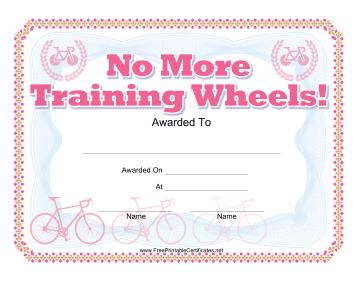 No Training Wheels Bicycle Certificate Pink