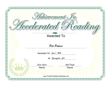 Achievement In Accelerated Reading certificate