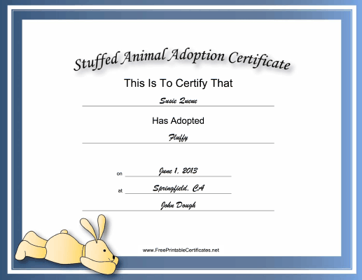 Adoption Certificate Stuffed Animal Bunny Academic certificate