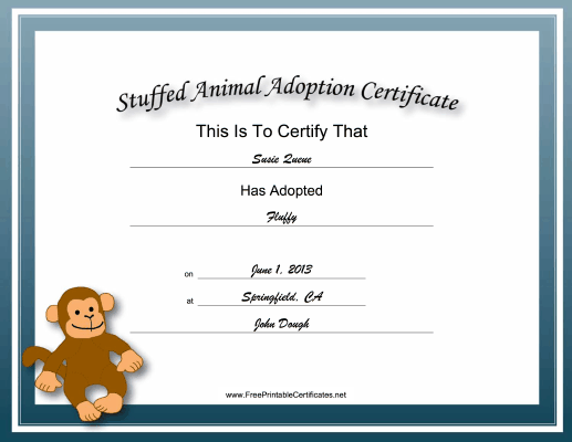 Adoption Certificate Stuffed Animal Monkey Academic certificate