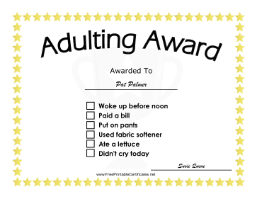 Adulting Award certificate