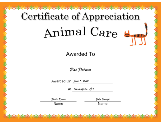 Animal Care Appreciation Cat certificate