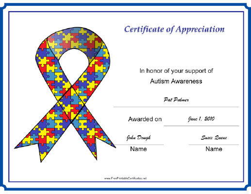 Autism Awareness Ribbon certificate