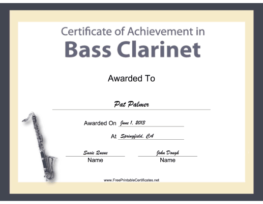 Bass Clarinet Instrumental Music certificate