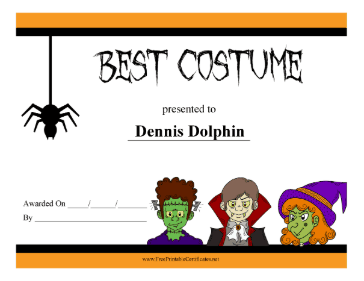 Best Costume Prize certificate