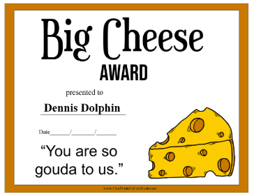 Big Cheese Award certificate