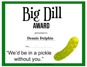 Big Dill Award certificate