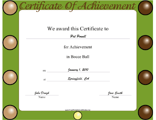 Bocce Ball certificate