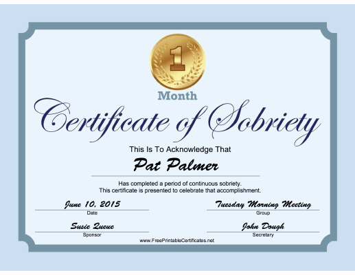 1 Month Sobriety Certificate (Blue) certificate