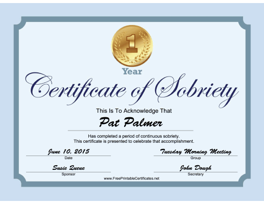 1 Year Sobriety Certificate (Blue) certificate