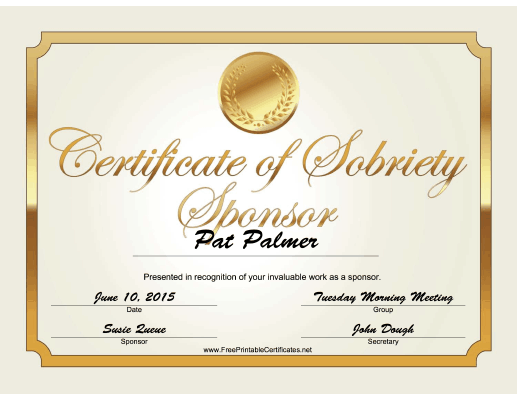 Sobriety Sponsor Certificate (Gold) certificate