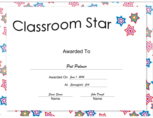 Classroom Star certificate