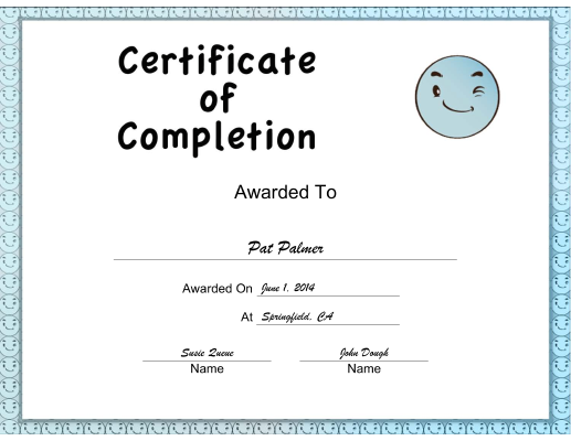 Blue Smiley Completion certificate