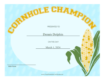 Singles Cornhole Champion certificate