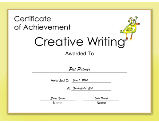 Creative Writing Achievement certificate