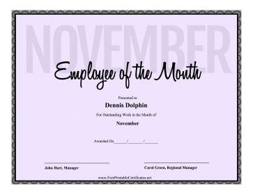 Employee Of The Month November certificate