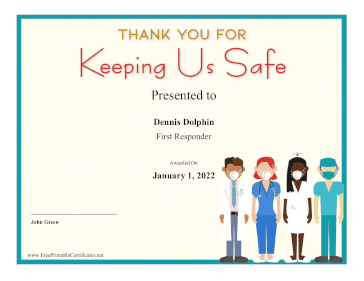 First Responder Keeping Us Safe Award certificate