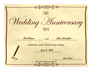 First Wedding Anniversary certificate