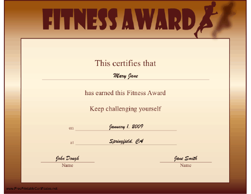 Fitness Award certificate