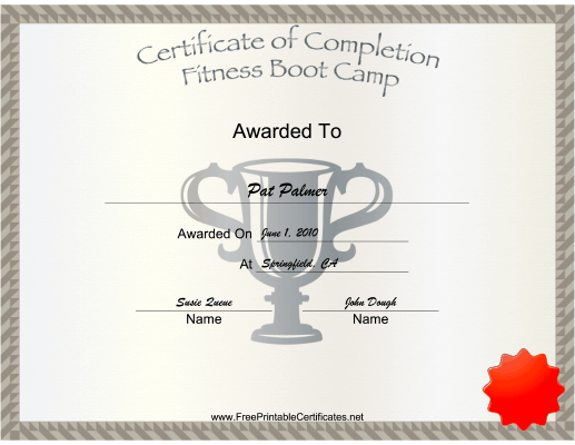 Fitness Boot Camp certificate