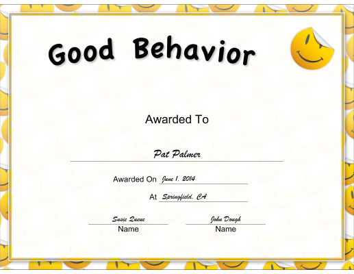 Yellow Good Behavior certificate