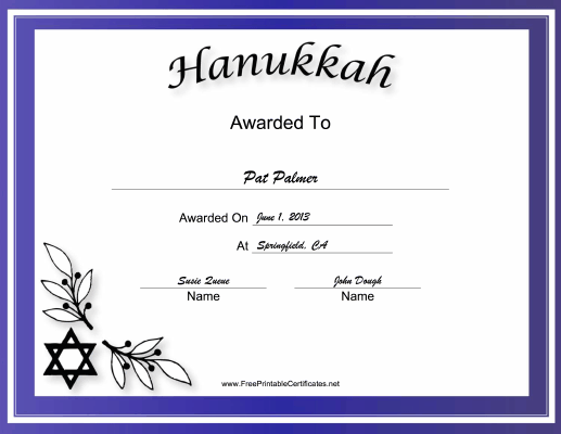 Hanukkah Holiday certificate