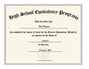 High School Equivalency Diploma certificate