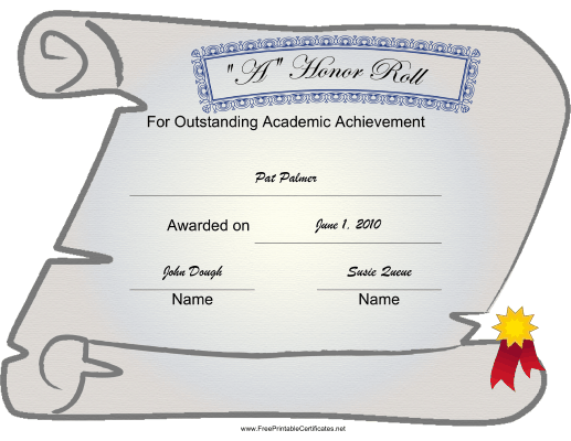 A Honor Roll certificate