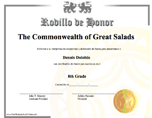 Rodilla de Honor certificate