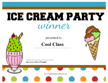 Ice Cream Party Prize certificate