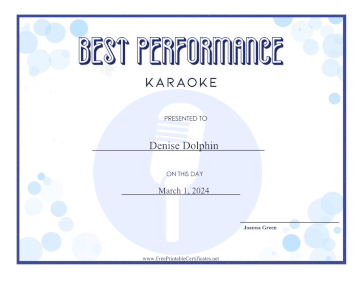 Best Karaoke Performance certificate