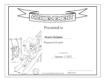 Kids Achievement Award Playground Leader BW certificate