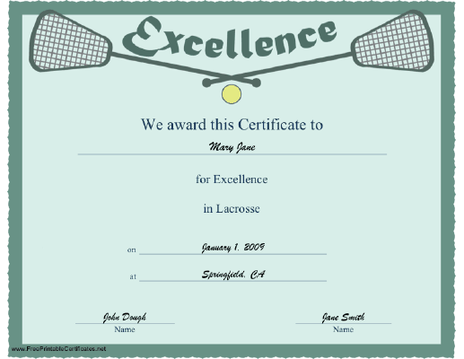 Excellence in Lacrosse certificate