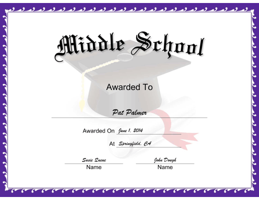 Mortarboard Middle School certificate