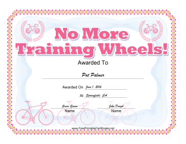 No Training Wheels Bicycle Certificate Pink certificate
