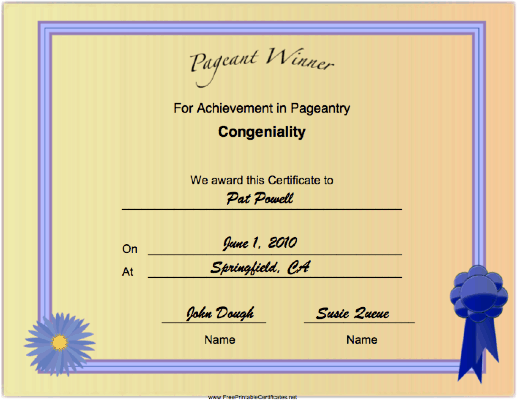 Pageant Congeniality Achievement certificate