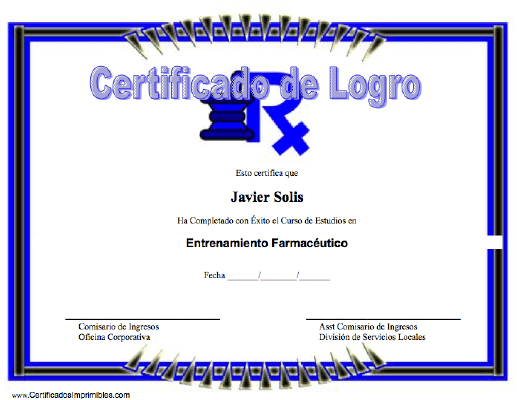 Certificado de Logro en Entrenamiento Farmacéutico certificate