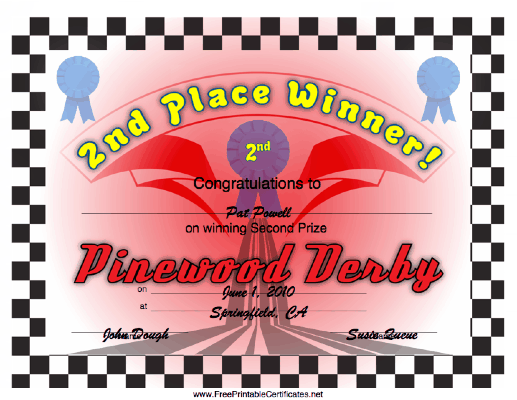 Pinewood Derby 2nd Place certificate