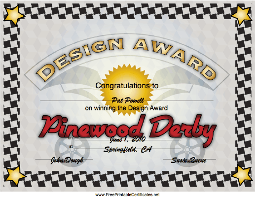 Pinewood Derby Design Award certificate