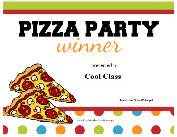 Pizza Party Prize certificate