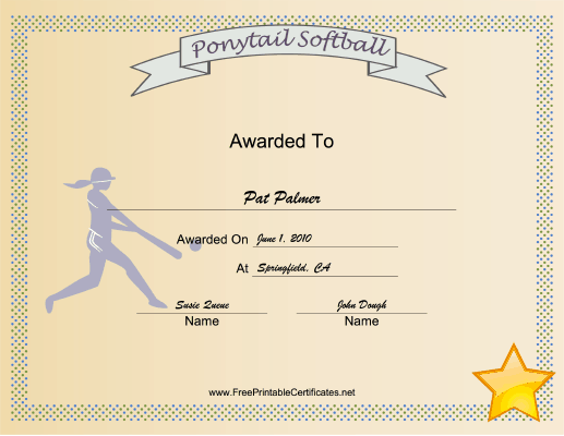 Ponytail Softball certificate