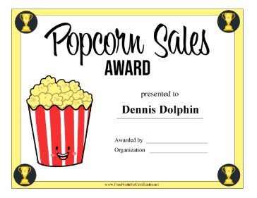 Popcorn Sales Award certificate