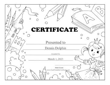 Princess And Castle Black and White certificate