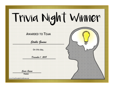Quiz Winner Award certificate