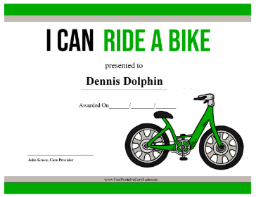 Ride A Bike Award certificate