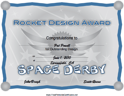 Space Derby Rocket Design Award certificate